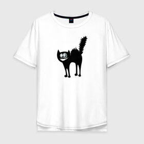 Мужская футболка хлопок Oversize с принтом Забавный Кот в Екатеринбурге, 100% хлопок | свободный крой, круглый ворот, “спинка” длиннее передней части | animals | beast | eyes | глаза | животные | забавный | звери | зубы | кот | котенок | кошка | прикол | пушистый | смешной | черный