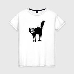 Женская футболка хлопок с принтом Забавный Кот в Екатеринбурге, 100% хлопок | прямой крой, круглый вырез горловины, длина до линии бедер, слегка спущенное плечо | animals | beast | eyes | глаза | животные | забавный | звери | зубы | кот | котенок | кошка | прикол | пушистый | смешной | черный
