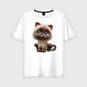 Женская футболка хлопок Oversize с принтом Милый Кот в Екатеринбурге, 100% хлопок | свободный крой, круглый ворот, спущенный рукав, длина до линии бедер
 | animals | beast | eyes | sweet | глаза | животные | забавный | звери | зубы | кот | котенок | кошка | милый | прикол | пушистый | смешной | черный