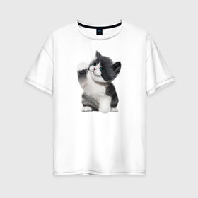Женская футболка хлопок Oversize с принтом Котёнок в Екатеринбурге, 100% хлопок | свободный крой, круглый ворот, спущенный рукав, длина до линии бедер
 | animals | beast | eyes | sweet | глаза | животные | забавный | звери | зубы | кот | котенок | кошка | милый | прикол | пушистый | смешной | черный