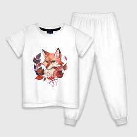 Детская пижама хлопок с принтом акварельный лис в Екатеринбурге, 100% хлопок |  брюки и футболка прямого кроя, без карманов, на брюках мягкая резинка на поясе и по низу штанин
 | fox | акварель | бюст | зверь | лис | лиса | лисенок | лисичка | листья | портрет | ягоды