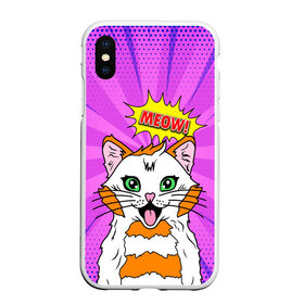 Чехол для iPhone XS Max матовый с принтом Meow Pop Art Cat в Екатеринбурге, Силикон | Область печати: задняя сторона чехла, без боковых панелей | comics | kitty | meow | pop art | pop cat | retro | арт | белый кот | взгляд | глаза | голова кота | животные | киска | комикс | кот | кошак | кошечка | мем | мультяшный | мур мур | мяу | поп арт | прикол | пушистик | ретро