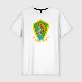 Мужская футболка хлопок Slim с принтом Удачливый кот в Екатеринбурге, 92% хлопок, 8% лайкра | приталенный силуэт, круглый вырез ворота, длина до линии бедра, короткий рукав | герб | кот | подарки | рыба | рыбалка