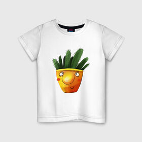 Детская футболка хлопок с принтом Кактус в Екатеринбурге, 100% хлопок | круглый вырез горловины, полуприлегающий силуэт, длина до линии бедер | what | горшок | кактусик | цветы | чего | чее