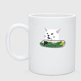 Кружка с принтом Смадж и овощи в Екатеринбурге, керамика | объем — 330 мл, диаметр — 80 мм. Принт наносится на бока кружки, можно сделать два разных изображения | animals | cat | cat meme | kitty | memes | smudge | белый кот | голова кота | еда | животные | звери | злой кот | интернет мемы | интернет приколы | кот за столом | кот мем | котенок | кошак | мемы | овощи | питомец | смадж