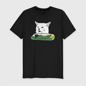 Мужская футболка хлопок Slim с принтом Смадж и овощи в Екатеринбурге, 92% хлопок, 8% лайкра | приталенный силуэт, круглый вырез ворота, длина до линии бедра, короткий рукав | animals | cat | cat meme | kitty | memes | smudge | белый кот | голова кота | еда | животные | звери | злой кот | интернет мемы | интернет приколы | кот за столом | кот мем | котенок | кошак | мемы | овощи | питомец | смадж