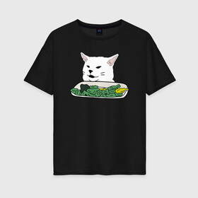 Женская футболка хлопок Oversize с принтом Смадж и овощи в Екатеринбурге, 100% хлопок | свободный крой, круглый ворот, спущенный рукав, длина до линии бедер
 | animals | cat | cat meme | kitty | memes | smudge | белый кот | голова кота | еда | животные | звери | злой кот | интернет мемы | интернет приколы | кот за столом | кот мем | котенок | кошак | мемы | овощи | питомец | смадж