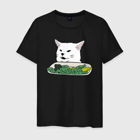 Мужская футболка хлопок с принтом Смадж и овощи в Екатеринбурге, 100% хлопок | прямой крой, круглый вырез горловины, длина до линии бедер, слегка спущенное плечо. | animals | cat | cat meme | kitty | memes | smudge | белый кот | голова кота | еда | животные | звери | злой кот | интернет мемы | интернет приколы | кот за столом | кот мем | котенок | кошак | мемы | овощи | питомец | смадж