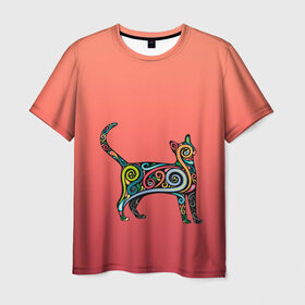 Мужская футболка 3D с принтом внутренний кот арт в Екатеринбурге, 100% полиэфир | прямой крой, круглый вырез горловины, длина до линии бедер | арт | внутренний зверь | дудлинг | завитушки | киса | кот | котик | котэ | кошка | узор | хиппи | яркий