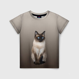 Детская футболка 3D с принтом Сиамский кот голубые глаза в Екатеринбурге, 100% гипоаллергенный полиэфир | прямой крой, круглый вырез горловины, длина до линии бедер, чуть спущенное плечо, ткань немного тянется | арт | бежевый | градиент | киса | коричневый | кот | котейка | котенок | котик | котэ | кошка | реализм | сиамец | сиамский