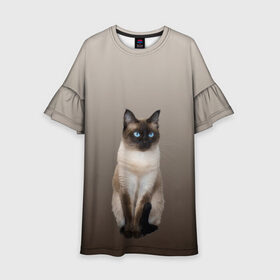 Детское платье 3D с принтом Сиамский кот голубые глаза в Екатеринбурге, 100% полиэстер | прямой силуэт, чуть расширенный к низу. Круглая горловина, на рукавах — воланы | арт | бежевый | градиент | киса | коричневый | кот | котейка | котенок | котик | котэ | кошка | реализм | сиамец | сиамский