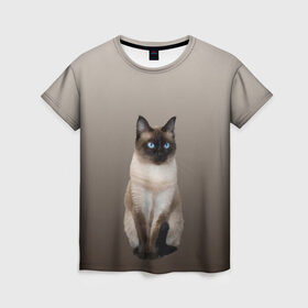 Женская футболка 3D с принтом Сиамский кот голубые глаза в Екатеринбурге, 100% полиэфир ( синтетическое хлопкоподобное полотно) | прямой крой, круглый вырез горловины, длина до линии бедер | арт | бежевый | градиент | киса | коричневый | кот | котейка | котенок | котик | котэ | кошка | реализм | сиамец | сиамский