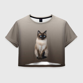 Женская футболка Crop-top 3D с принтом Сиамский кот голубые глаза в Екатеринбурге, 100% полиэстер | круглая горловина, длина футболки до линии талии, рукава с отворотами | арт | бежевый | градиент | киса | коричневый | кот | котейка | котенок | котик | котэ | кошка | реализм | сиамец | сиамский