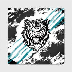 Магнит виниловый Квадрат с принтом Голубоглазый тигр в Екатеринбурге, полимерный материал с магнитным слоем | размер 9*9 см, закругленные углы | абстракция | агрессивный | злой | зубы | клякса | пасть | полоски | полосы | суровый | тигр | чернота