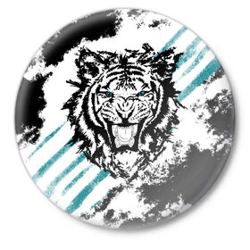 Значок с принтом Голубоглазый тигр в Екатеринбурге,  металл | круглая форма, металлическая застежка в виде булавки | абстракция | агрессивный | злой | зубы | клякса | пасть | полоски | полосы | суровый | тигр | чернота