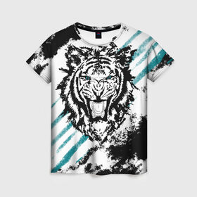 Женская футболка 3D с принтом Голубоглазый тигр в Екатеринбурге, 100% полиэфир ( синтетическое хлопкоподобное полотно) | прямой крой, круглый вырез горловины, длина до линии бедер | абстракция | агрессивный | злой | зубы | клякса | пасть | полоски | полосы | суровый | тигр | чернота