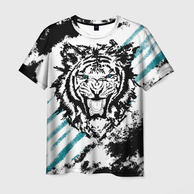 Мужская футболка 3D с принтом Голубоглазый тигр в Екатеринбурге, 100% полиэфир | прямой крой, круглый вырез горловины, длина до линии бедер | абстракция | агрессивный | злой | зубы | клякса | пасть | полоски | полосы | суровый | тигр | чернота
