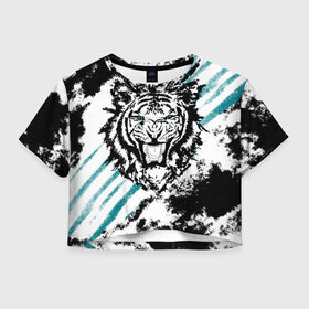 Женская футболка Crop-top 3D с принтом Голубоглазый тигр в Екатеринбурге, 100% полиэстер | круглая горловина, длина футболки до линии талии, рукава с отворотами | абстракция | агрессивный | злой | зубы | клякса | пасть | полоски | полосы | суровый | тигр | чернота