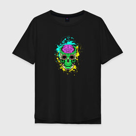 Мужская футболка хлопок Oversize с принтом Psychedelic skull в Екатеринбурге, 100% хлопок | свободный крой, круглый ворот, “спинка” длиннее передней части | skull | брызги | мозг | монстр | психоделика | скелет | череп | чудовище