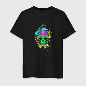 Мужская футболка хлопок с принтом Psychedelic skull в Екатеринбурге, 100% хлопок | прямой крой, круглый вырез горловины, длина до линии бедер, слегка спущенное плечо. | skull | брызги | мозг | монстр | психоделика | скелет | череп | чудовище