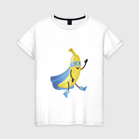Женская футболка хлопок с принтом Baana man в Екатеринбурге, 100% хлопок | прямой крой, круглый вырез горловины, длина до линии бедер, слегка спущенное плечо | banana | man | superhero | банан | супергерой | человек банан