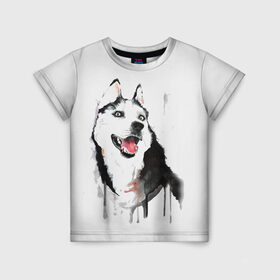 Детская футболка 3D с принтом Хаски красками в Екатеринбурге, 100% гипоаллергенный полиэфир | прямой крой, круглый вырез горловины, длина до линии бедер, чуть спущенное плечо, ткань немного тянется | Тематика изображения на принте: dogs | рисунок | собаки | хаски | щенок