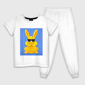 Детская пижама хлопок с принтом Харитон в очках в Екатеринбурге, 100% хлопок |  брюки и футболка прямого кроя, без карманов, на брюках мягкая резинка на поясе и по низу штанин
 | детям | желейный | желейный заяц | желтый заяц | кролик | харитон | харитон в очках | харитошка