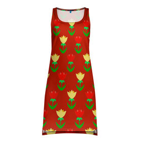 Платье-майка 3D с принтом Тюльпанчики на красном фоне в Екатеринбурге, 100% полиэстер | полуприлегающий силуэт, широкие бретели, круглый вырез горловины, удлиненный подол сзади. | 8 марта | flowers | summer | ботаническая иллюстрация | весна | желтый | зеленый | красный | лето | листья | любовь | праздник | принт | природа | растения | тюльпаны | цветы