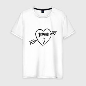 Мужская футболка хлопок с принтом Johnny + V в Екатеринбурге, 100% хлопок | прямой крой, круглый вырез горловины, длина до линии бедер, слегка спущенное плечо. | johnny | silverhand | ви | киберпанк | сердце | татуировка