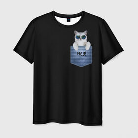 Мужская футболка 3D с принтом Кот в Екатеринбурге, 100% полиэфир | прямой крой, круглый вырез горловины, длина до линии бедер | животное | карман | кот | мяукать | темные очки