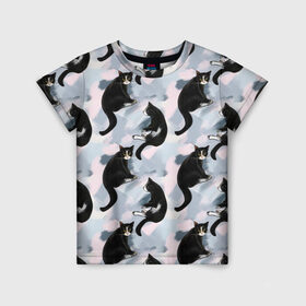 Детская футболка 3D с принтом котик черный в Екатеринбурге, 100% гипоаллергенный полиэфир | прямой крой, круглый вырез горловины, длина до линии бедер, чуть спущенное плечо, ткань немного тянется | животное | котенок | котик | котэ | кошка | милый | узор