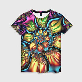 Женская футболка 3D с принтом Кислотный бум в Екатеринбурге, 100% полиэфир ( синтетическое хлопкоподобное полотно) | прямой крой, круглый вырез горловины, длина до линии бедер | art | casual | арт | взрыв | искусство | кислота | огни | пламя | стиль | эмоция