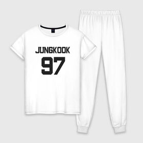 Женская пижама хлопок с принтом BTS - Jungkook 97 в Екатеринбурге, 100% хлопок | брюки и футболка прямого кроя, без карманов, на брюках мягкая резинка на поясе и по низу штанин | boysband | bts | jungkook | jungkook 97 | k pop | korea | korean | music | бтс | джонгук | к поп | кей поп | корейская | корейский | корея | кпоп | музыка | чонгук