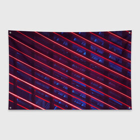 Флаг-баннер с принтом Неоновые полосы в Екатеринбурге, 100% полиэстер | размер 67 х 109 см, плотность ткани — 95 г/м2; по краям флага есть четыре люверса для крепления | в топе | в тренде | косые лучи | красные полосы | сине красные лучи | синие полосы | тёмный фон