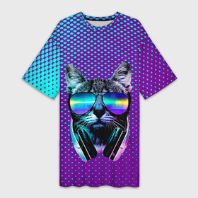 Платье-футболка 3D с принтом Кот очки наушники модный в Екатеринбурге,  |  | градиент | диджей | кот | котик | котофан | котофей | котэ | кошка | модный | музыкант | наушники | очки | стильный | фиолетовый