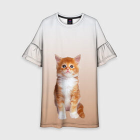 Детское платье 3D с принтом бело-рыжий котенок реализм в Екатеринбурге, 100% полиэстер | прямой силуэт, чуть расширенный к низу. Круглая горловина, на рукавах — воланы | cat | kitten | бело рыжий | градиент | кот | котейка | котенок | котеночек | котик | котофей | котэ | кошка | малыш | милаш | мяу | нэко | реализм | рыже белый