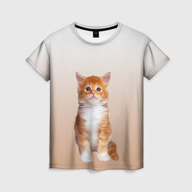 Женская футболка 3D с принтом бело-рыжий котенок реализм в Екатеринбурге, 100% полиэфир ( синтетическое хлопкоподобное полотно) | прямой крой, круглый вырез горловины, длина до линии бедер | cat | kitten | бело рыжий | градиент | кот | котейка | котенок | котеночек | котик | котофей | котэ | кошка | малыш | милаш | мяу | нэко | реализм | рыже белый