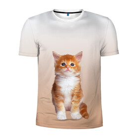 Мужская футболка 3D спортивная с принтом бело-рыжий котенок реализм в Екатеринбурге, 100% полиэстер с улучшенными характеристиками | приталенный силуэт, круглая горловина, широкие плечи, сужается к линии бедра | cat | kitten | бело рыжий | градиент | кот | котейка | котенок | котеночек | котик | котофей | котэ | кошка | малыш | милаш | мяу | нэко | реализм | рыже белый