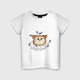 Детская футболка хлопок с принтом котик и перья птичик в Екатеринбурге, 100% хлопок | круглый вырез горловины, полуприлегающий силуэт, длина до линии бедер | влюбленный | котенок | котик | минимализм | перья | простой | птичка | рисунок