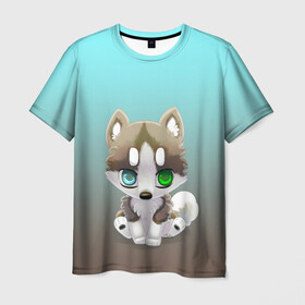 Мужская футболка 3D с принтом Малыш хаски в Екатеринбурге, 100% полиэфир | прямой крой, круглый вырез горловины, длина до линии бедер | акито | гав | градиент | животные | любитель собак | малыш | пес | разные глаза | рисунок | собакен | собаки | собаченок | хаски | щенок