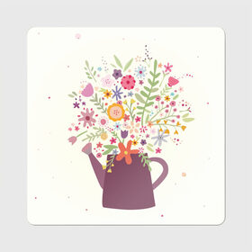 Магнит виниловый Квадрат с принтом Цветы в чайнике в Екатеринбурге, полимерный материал с магнитным слоем | размер 9*9 см, закругленные углы | рисунок | цветы | цветы в чайнике | чайник