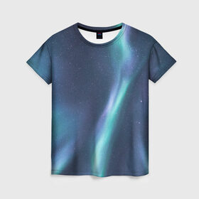 Женская футболка 3D с принтом Северное Сияние в Екатеринбурге, 100% полиэфир ( синтетическое хлопкоподобное полотно) | прямой крой, круглый вырез горловины, длина до линии бедер | звёздное небо | зелёный | северное небо. | синий | фиолетовый