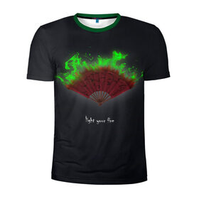 Мужская футболка 3D спортивная с принтом Light your fire в Екатеринбурге, 100% полиэстер с улучшенными характеристиками | приталенный силуэт, круглая горловина, широкие плечи, сужается к линии бедра | веер | зажги свой огонь | зеленый огонь | пламя | темный фон