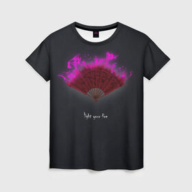 Женская футболка 3D с принтом Light your fire в Екатеринбурге, 100% полиэфир ( синтетическое хлопкоподобное полотно) | прямой крой, круглый вырез горловины, длина до линии бедер | light your fire | огонь | темный фон | фиолетовое пламя