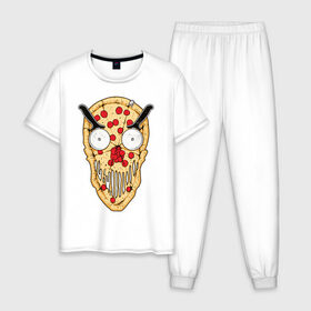 Мужская пижама хлопок с принтом Злая пицца в Екатеринбурге, 100% хлопок | брюки и футболка прямого кроя, без карманов, на брюках мягкая резинка на поясе и по низу штанин
 | Тематика изображения на принте: evil | pizza | голова | еда | злой | монстр | пицца | хипстер | череп