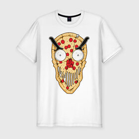 Мужская футболка хлопок Slim с принтом Злая пицца в Екатеринбурге, 92% хлопок, 8% лайкра | приталенный силуэт, круглый вырез ворота, длина до линии бедра, короткий рукав | Тематика изображения на принте: evil | pizza | голова | еда | злой | монстр | пицца | хипстер | череп