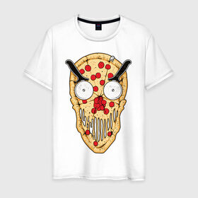 Мужская футболка хлопок с принтом Злая пицца в Екатеринбурге, 100% хлопок | прямой крой, круглый вырез горловины, длина до линии бедер, слегка спущенное плечо. | Тематика изображения на принте: evil | pizza | голова | еда | злой | монстр | пицца | хипстер | череп