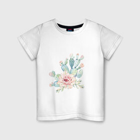 Детская футболка хлопок с принтом цветущий кактус акварель в Екатеринбурге, 100% хлопок | круглый вырез горловины, полуприлегающий силуэт, длина до линии бедер | акварель | акварельный | весна | кактус | мило | природа | растение | рисунок | суккулент | цветение | цветок | цветущий