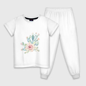 Детская пижама хлопок с принтом цветущий кактус акварель в Екатеринбурге, 100% хлопок |  брюки и футболка прямого кроя, без карманов, на брюках мягкая резинка на поясе и по низу штанин
 | Тематика изображения на принте: акварель | акварельный | весна | кактус | мило | природа | растение | рисунок | суккулент | цветение | цветок | цветущий