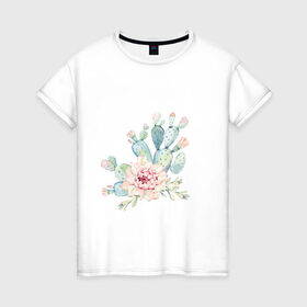 Женская футболка хлопок с принтом цветущий кактус акварель в Екатеринбурге, 100% хлопок | прямой крой, круглый вырез горловины, длина до линии бедер, слегка спущенное плечо | акварель | акварельный | весна | кактус | мило | природа | растение | рисунок | суккулент | цветение | цветок | цветущий